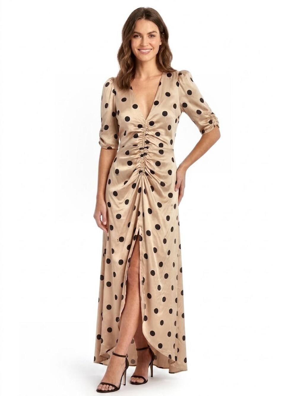 AFRM Polka Dot Ruched Maxi Dress V-Neck Puff Sleeve, Beige & Black Womens Size S